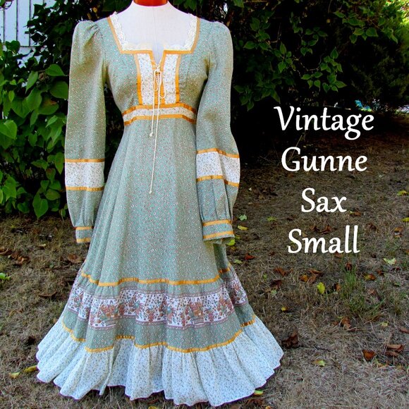 GUNNE SAX GOWN, 1970s ORIGINAL, GOLD TAG, GREEN, GOLD & WHITE PRINTS + PETTICOAT - Picture 1 of 14